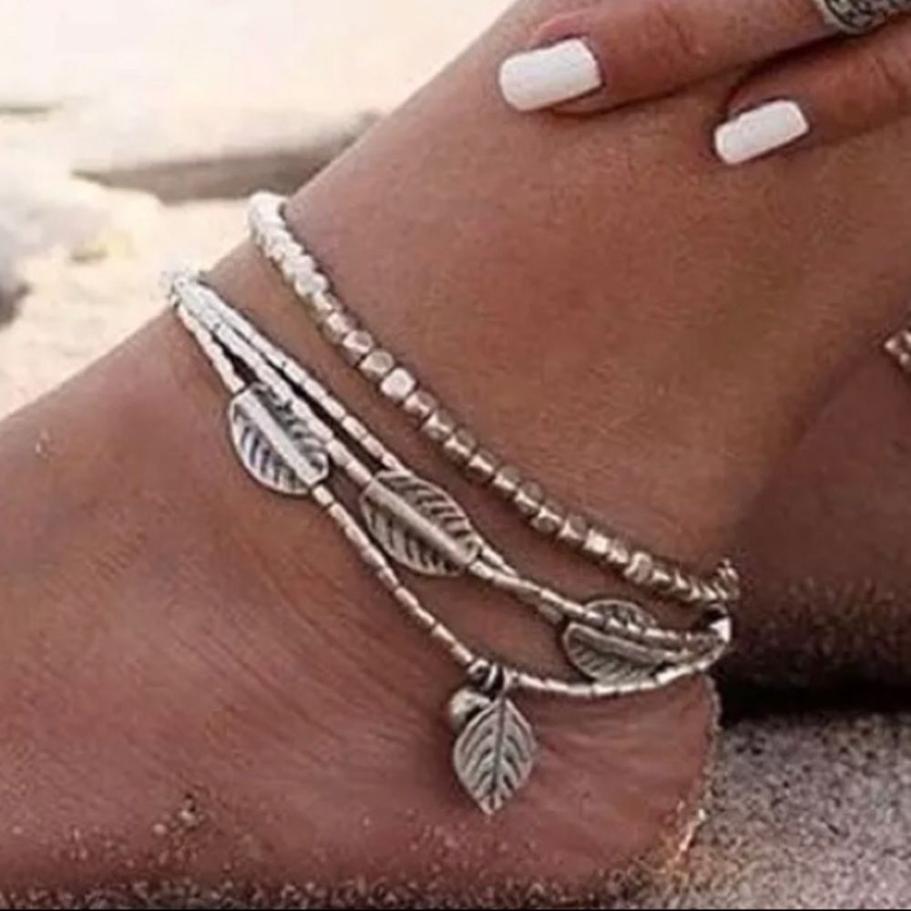 Anklet ankle bracelet 4 strand set silver leaves New